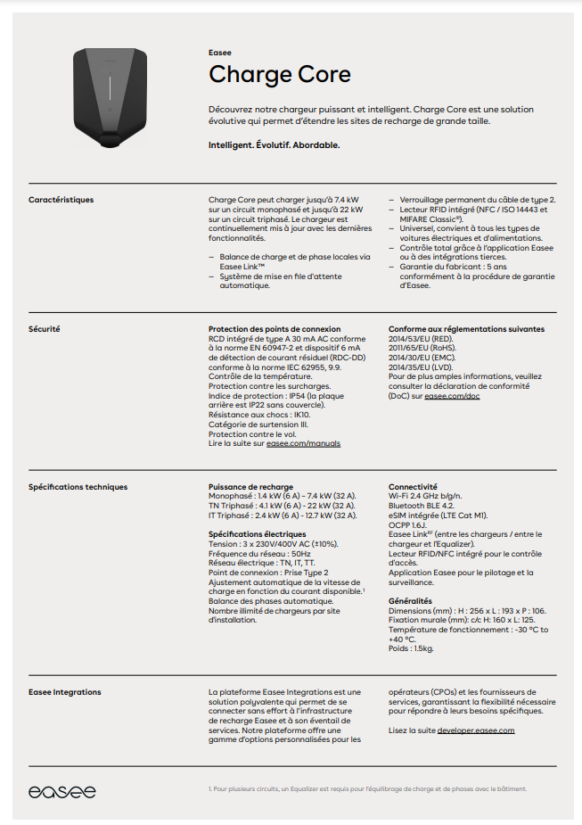 Borne de Recharge Easee Core Monophasé & Triphasé